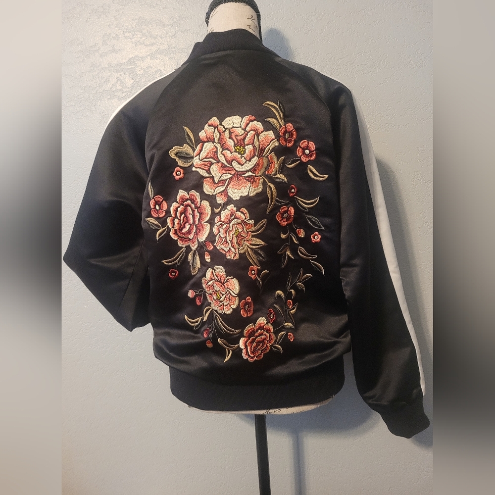 FOREVER 21 Satin Bomber Jacket with Embroidery